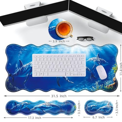 Large Gaming Mouse Pad, Keyboard Wrist Rest Pad & Wrist Support Mousepad Set, Stitched Edge, Extended, Non-Slip Base, Memory Foam Desk Mat for Office, Home,Dolphins Swimming in the Ocean - color: Dolphins Swimming in the Ocean