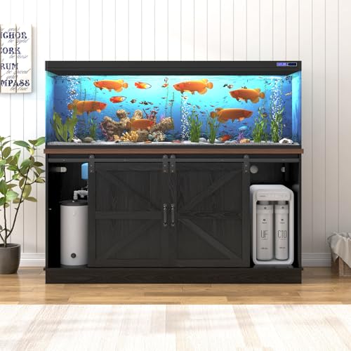 Hlivelood Farmhouse 75-120 Gallon Fish Tank Stand with Power Outlet, Aquarium Stand w/Cabinet&Sliding Barn Door, Heavy Duty Reptile Tank Stand for Fish/Turtle/Reptile Terrarium, 1000LB Capacity, Black