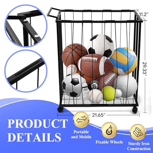 Large Garage Ball Storage Rack with Wheels for Basketball & Soccer | Rolling ball organizer stores basketballs, soccer balls and sports gear; large-capacity rack moves easily around the garage. - size: Large size