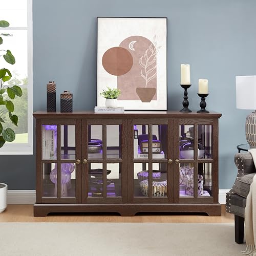 Cherry Finish Antique Display Cabinet with LED Lights, 4 Glass Doors & Adjustable Shelves for Collectibles, Home or Office Showcase