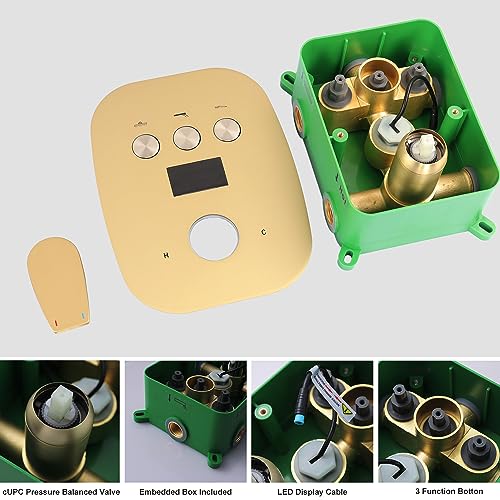 12Inch Brushed Gold Ceiling Shower System & 8Inch Wall-Mount Shower Faucet Set, 2 in 1 Handheld with Adjustable Slide Bar Included Temperature Display Valve and Trim Kit Can Work At Once