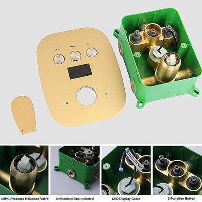 12Inch Brushed Gold Ceiling Shower System & 8Inch Wall-Mount Shower Faucet Set, 2 in 1 Handheld with Adjustable Slide Bar Included Temperature Display Valve and Trim Kit Can Work At Once