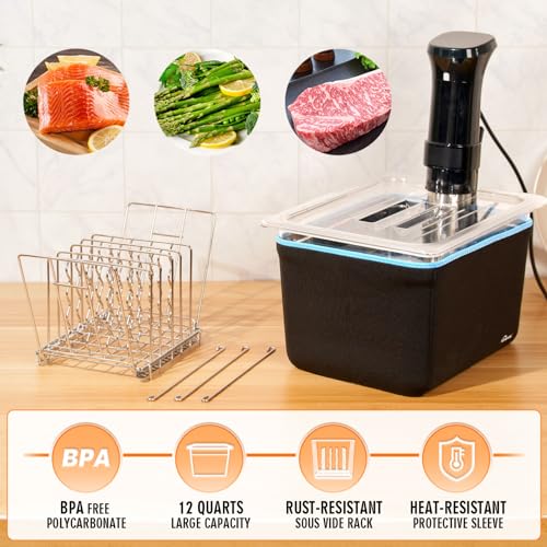 HOMENOTE Container 12 Quart with Lid & Rack and Sleeve - BPA Free Complete Sous Vide Accessories Kit with Cookbook For Anova and Most Sous Vide Cookers - color: Sous Vide Container-with Rack & Sleeve