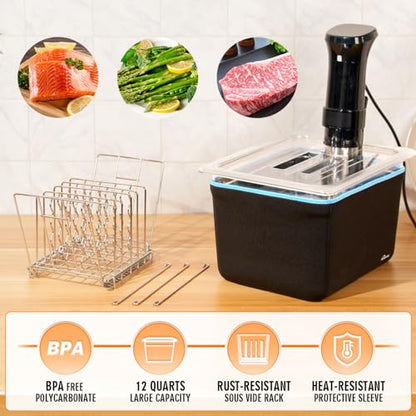 HOMENOTE Container 12 Quart with Lid & Rack and Sleeve - BPA Free Complete Sous Vide Accessories Kit with Cookbook For Anova and Most Sous Vide Cookers - color: Sous Vide Container-with Rack & Sleeve
