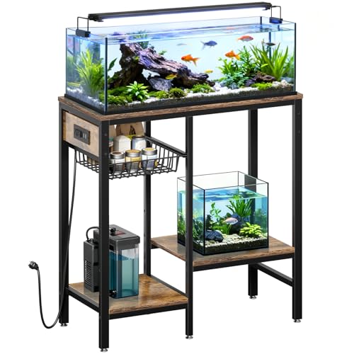 20 Gallon Fish Tank Stand with Power Outlet, Metal Aquarium Stand with Adjustable Shelves and Pull Out Wire Tray, Ample Storage for Fish Tanks Accessories, Reptile Tank Stands, Brown
