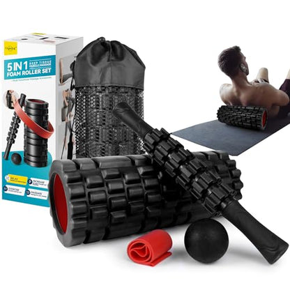 Krightlink 5-in-1 Foam Roller Set High Density Deep Tissue Muscle Massage | Muscle Recovery Kit Exercise Roller, Massage Ball, Resistance Band & Carry Bag for Physical Therapy & Pain Relief Black - color: Pure Black