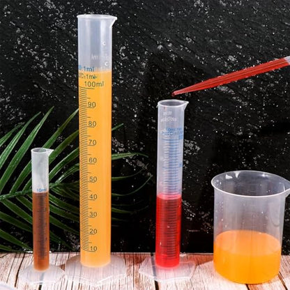 23Pcs Graduated Cylinders Beakers Set 6 Clear Plastic Graduated Cylinders 25/50/100/250/500/1000ml 4 Plastic Beakers 10/25/50/100ml with 8 Plastic Droppers and 5 Stirring Rod