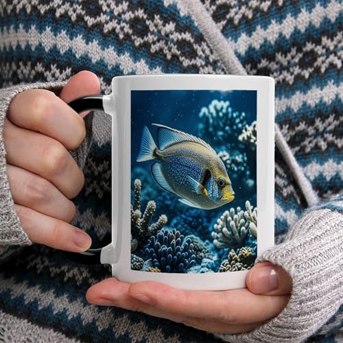 Ocean Fish Ceramic Coffee Mug 11oz with Black Handle Colored Inside Thick Non-Slip Base Heat Transfer Friendly Tea Cup Ideal for Hot Drinks Home Office And Gifting