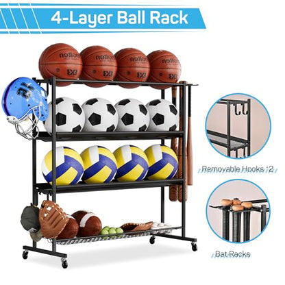 4-Tier Basketball Rack with Wheels, Ball Storage Organizer for Garage