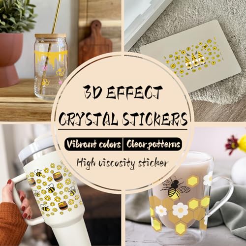 24pcs Cute Bees UV DTF Cup Wrap,UV DTF Cup Wraps for 16 oz,Glasses,Tables,Chairs,Computers,High Viscosity UV DTF Transfer Paper - style: Cute bees