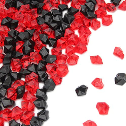 Clear Fake Ice Rocks – 550 Pcs Large Acrylic Gems Crushed Plastic Diamonds, Black & Red (3Lbs/2.25 Quarts) – Bulk Vase Filler for Centerpieces Theme Décor Aquarium Table Scatter