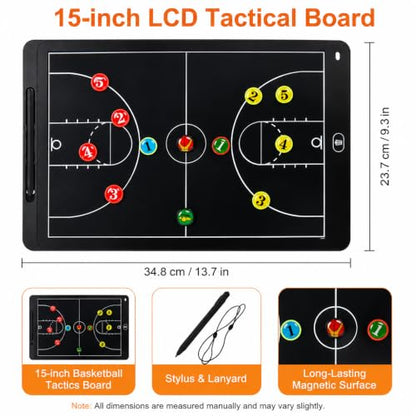 Electronic LCD Basketball Coaching Board, 15" Magnetic Strategy Board | Magnetic Player Pieces, Quick Erase LCD Screen, Dual-Sided Board for Basketball Strategy, Plays and Coaching