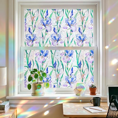 Window Privacy Film, Stained Glass Decorative Static Cling, Removable Laser Sun Blocking Vinyl Covering, Window Film for Home Kitchen Living Room, Starry Iris Whispers, 17.5" x 78.7" - color: Starry Iris Whispers, size: 17.5" x 78.7"