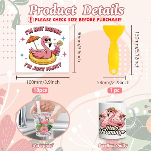 Peacoblue 18 Sheets Rub on Transfers for Crafts, Flamingos with Humor Quotes 3.6"x3.9" UV DTF Cup Wraps Waterproof Cold Transfers Stickers for Wood Glass Metal Cup Tumblers Mirrors Mugs Home Decor - style: Flamingos with Humor Quotes