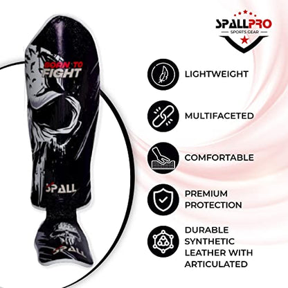 Spall Pro US Muay Thai Guards Shin Guards for Kickboxing Martial Arts BJJ Boxing Sparring with MMA Foot Protector - Born to Fight Black (X-Large)