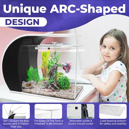 5 Gallon Fish Tank - Arc-Shaped Glass Tank w/LED Lights - Fish Tank Kit w/Filter, Water Pump, Bag of Filter Media & More - Beautiful Aquarium Set for Office & Home - Easy Assembly Starter Kit