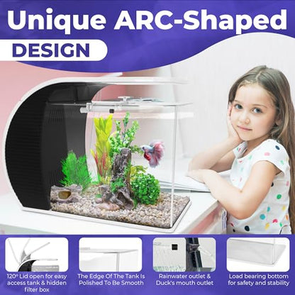 5 Gallon Fish Tank - Arc-Shaped Glass Tank w/LED Lights - Fish Tank Kit w/Filter, Water Pump, Bag of Filter Media & More - Beautiful Aquarium Set for Office & Home - Easy Assembly Starter Kit
