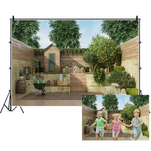 Fabric Courtyard Scenery Backdrop Countryside Garden Wood House Natural Green Plants Photography Background Balcony View House Decorations Photo Studio Props 5x4ft - color: XH007, size: 5Wx4H FT