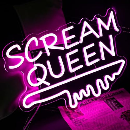 Scream Queen Neon Sign for Wall Decor Dimmable Neon Knife Sign for Teen Girl Room Pink LED Letter Neon Sign Room Dorm Art Wall Decor (16.5''*11'') - style: Queen