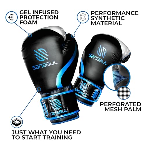 Sanabul Essential Gel Boxing Gloves for Men & Women, Kickboxing MMA, Muay Thai Gloves and Heavy Bag Training Punching & Sparring - color: Black/Metallic Blue, size: 8 oz