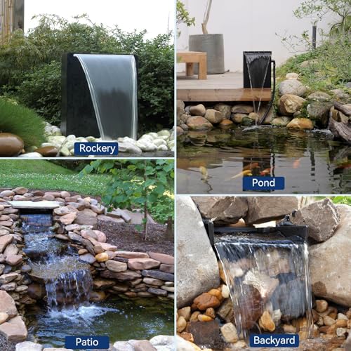 55W Solar Pond Waterfall Box with Fountain Pump, 304 Stainless Steel Pond Waterfall Spillway, Pond Spillway with 9.8FT PU Corrugated Tubing for Garden Waterfall,Water Features-P5552H