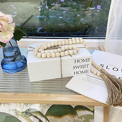 Decorative Books for Home Decor, White Faux Books for Decoration, Rustic Farmhouse Stacked Display Books with 52in Wood Bead Garland for Coffee Tables Living Room, (Home Sweet Home) - style: Home Sweet Home