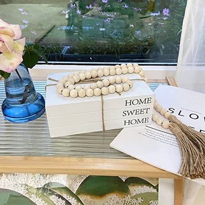 Decorative Books for Home Decor, White Faux Books for Decoration, Rustic Farmhouse Stacked Display Books with 52in Wood Bead Garland for Coffee Tables Living Room, (Home Sweet Home) - style: Home Sweet Home