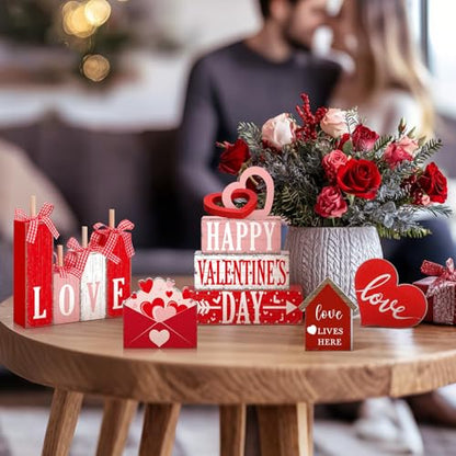 11 Pcs Valentine's Day Table Decorations Red Heart Tiered Tray Decor Love Centerpiece Pink Wooden Books Home Table Top Decor for Wedding Party Supplies - style: Love