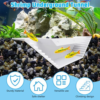 Aquarium Underground Tunnel Fish Tank Cave Viewing Shrimps Hideout Hermit Crab Decor with 2PC Plastic Aquatic Plants for Betta Guppy Cherry Shrimp and and Other Small Aquatic Animals (White