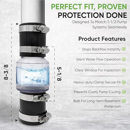 Silent Check Valve - 1-1/2" with Buna-N Couplings, Model CV-150, Spring-Loaded Flapper, Sump Pump Life Expectancy Increase, Includes Steel Clamps Fit 1-1/2″ Pipe - size: 1.5 Inches