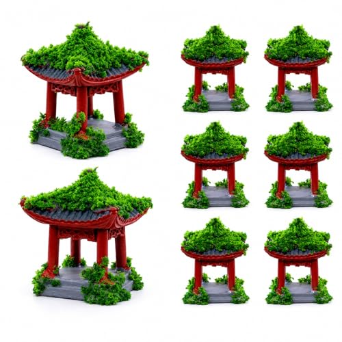 8 pcs Chinese Pavilion Pagoda with Glass Micro Landscape Dollhouse Decoration Japanese Miniature Pagoda Statue Tabletop Fairy Garden Decoration