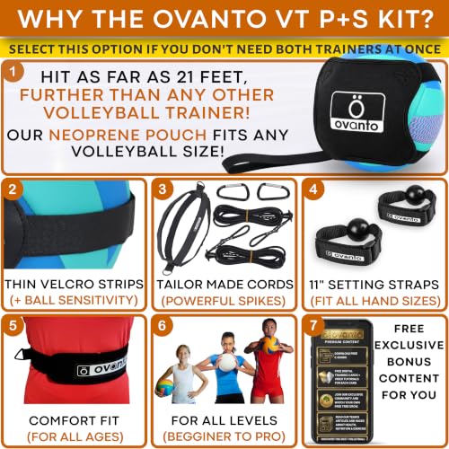 OVANTO Volleyball Training Equipment Kit | Adjustable Practice Hitting Rebounder, Ultra-Stretch Neoprene, Exclusive Elastic Cords, Premium Content - color: ‎VT Pro + Spike MAX