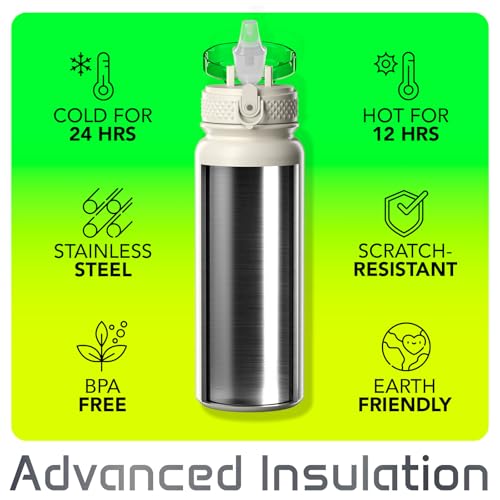 Stainless Steel Water Bottle 20oz with Straw, Insulated, Leakproof Lid - color: Cream