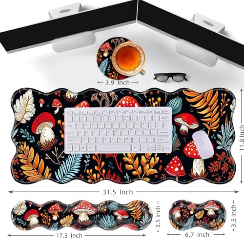 Large Gaming Mouse Pad, Keyboard Wrist Rest Pad & Wrist Support Mousepad Set, Stitched Edge, Extended, Non-Slip Base, Memory Foam Desk Mat for Office, Home,Cute Mushrooms - color: Cute Mushrooms
