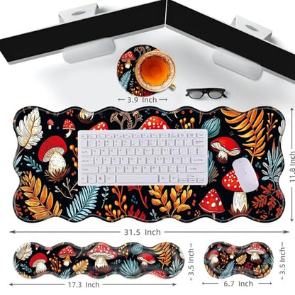 Large Gaming Mouse Pad, Keyboard Wrist Rest Pad & Wrist Support Mousepad Set, Stitched Edge, Extended, Non-Slip Base, Memory Foam Desk Mat for Office, Home,Cute Mushrooms - color: Cute Mushrooms