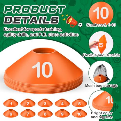 10 Pcs Numbered Sports Disc Cone with Mesh Carry Bag - color: Orange