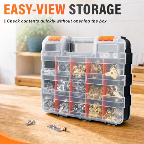 DIYSELF Tool Box Double-Sided, 34-Compartment Tool Organizer, Small Parts Organizer with Adjustable Space, Clear-Lid Small Storage Box for Hardware, Crafts, Beads, Jewelry and Fishing Accessories
