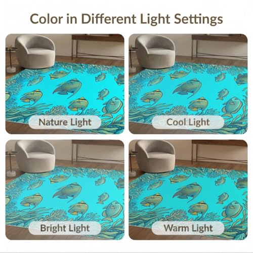 4'x6' Washable Modern Fish Area Rug, Turquoise Flatwoven Floor Mat Non-Slip Chair-Friendly Carpet for Home Office, Gaming Room, Under Desk | Ref:1909343