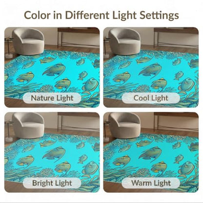 4'x6' Washable Modern Fish Area Rug, Turquoise Flatwoven Floor Mat Non-Slip Chair-Friendly Carpet for Home Office, Gaming Room, Under Desk | Ref:1909343