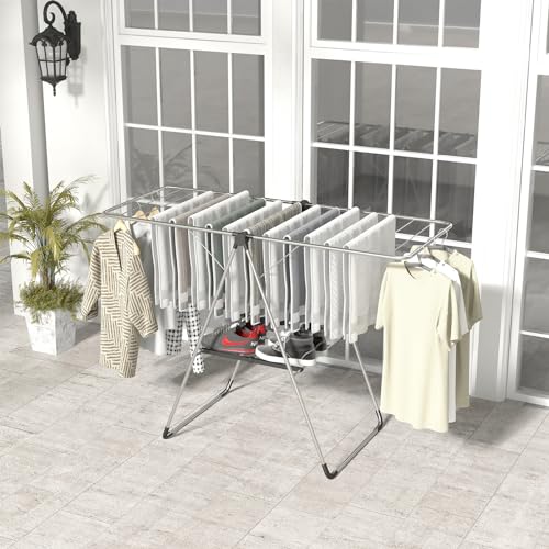 Tangkula 2-Level Collapsible Clothes Drying Rack w/Height-Adjustable Wings | Light-Weight Aluminum | Bottom Shoe Rack | No Assembly | Foldable & Space-Saving| for Laundry Room, Balcony, Patio | Silver