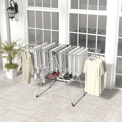 Tangkula 2-Level Collapsible Clothes Drying Rack w/Height-Adjustable Wings | Light-Weight Aluminum | Bottom Shoe Rack | No Assembly | Foldable & Space-Saving| for Laundry Room, Balcony, Patio | Silver