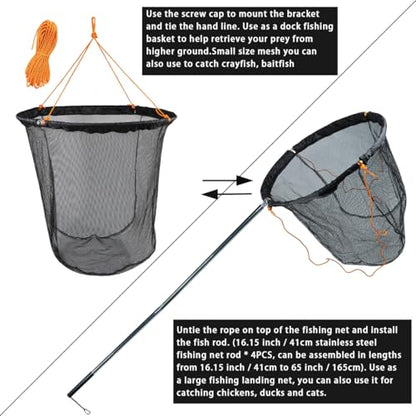 Large Collapsible Bridge Pier Fishing Net Landing Net with Rod, High Load Aluminum Ring Drop Net for Saltwater and Freshwater Pier Fishing Basket with 49.2 ft. Rope - color: Black, size: 23.6 x 23.6 x 27.5", style: Small Size Mesh