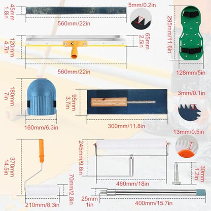 Upgraded Self-Levelling Cement Tool Kit - Floor Construction Roller Spike Shoes - Garage Flooring Concrete Tools with Adjustable Threaded Pole - Self-Leveling Rake - Spiked Roller