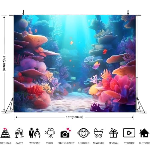 Under The Sea Backdrop 10x8ft Underwater Ocean Seabed Photo Backdrop Mermaid Backdrop for Girls Baby Shower Birthday Party Banner Decorations Fish Coral Deep Sea Photography Background