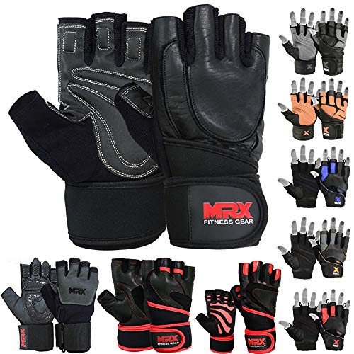 MRX Weight Lifting Pro Level Gloves with 18 Inches Long Wrist Strap Gym Workout Exercise & Fitness in - color: Black/Leather, size: Large