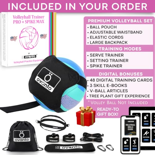 OVANTO Volleyball Training Equipment Kit | Adjustable Practice Hitting Rebounder, Ultra-Stretch Neoprene, Exclusive Elastic Cords, Premium Content - color: VT Pro + Spike MAX