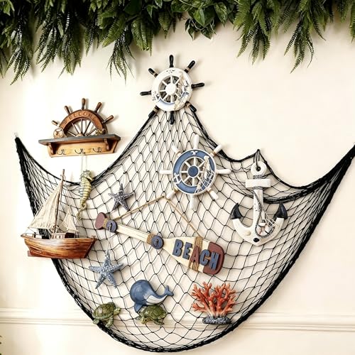 2 Pack Decorative Fishing Net, 5x10 ft Large Black Cotton Fish Net Decor for Wall, Photo Display Nautical Mermaid Pirate Ocean Themed Beach Halloween Under the Sea Party Decorations