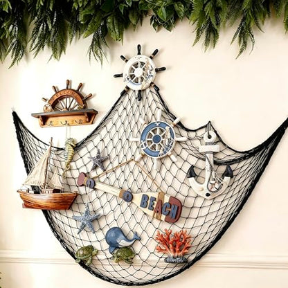 2 Pack Decorative Fishing Net, 5x10 ft Large Black Cotton Fish Net Decor for Wall, Photo Display Nautical Mermaid Pirate Ocean Themed Beach Halloween Under the Sea Party Decorations