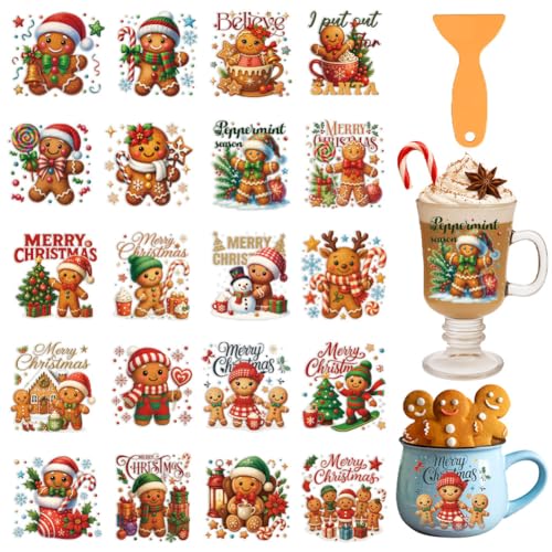 20 Pcs Christmas UV DTF Cup Wraps, Gingerbread Rub on Transfer Stickers Waterproof PVC Rub On Decals for 16 OZ Glass Bottles Cups Laptop Phone Case Decor - style: Christmas Gingerbread