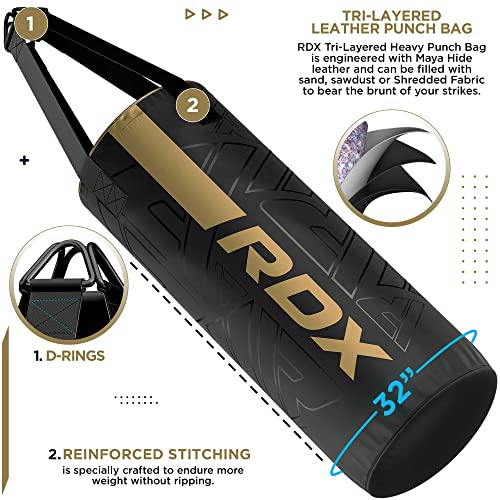 RDX Kids Unfilled Punching Bag Set 2FT, Non Tear Maya Hide Leather Kara Junior Hanging Bag for Kickboxing MMA Muay Thai Taekwondo Karate BJJ Strength Training, Home Gym Equipment - color: GOLDEN